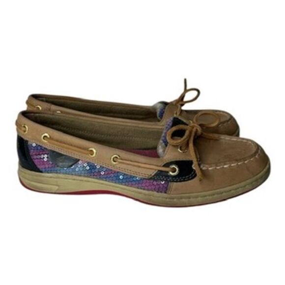 SPERRY Top-Sider Boat Shoes Women's Tan Pink Navy Plaid Sequin Loafer Size 9 M - Picture 1 of 7